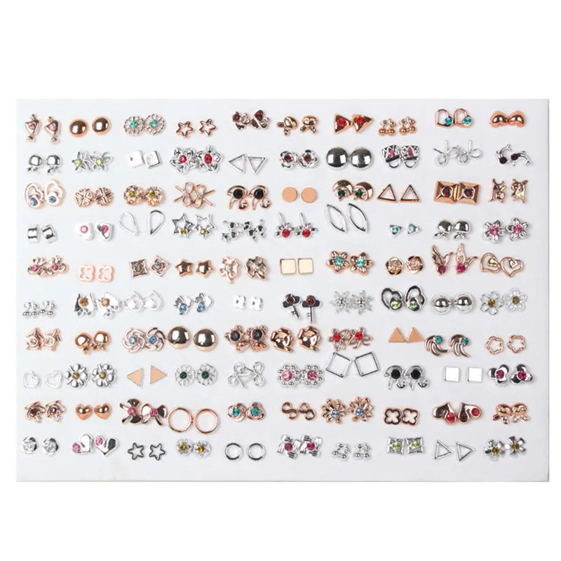 New Fashion 100 Pairs/Lot Colorful Rhinestone Mutiple Styles Random Stud Earrings For Women Lady Simple Couple Friends Earwear