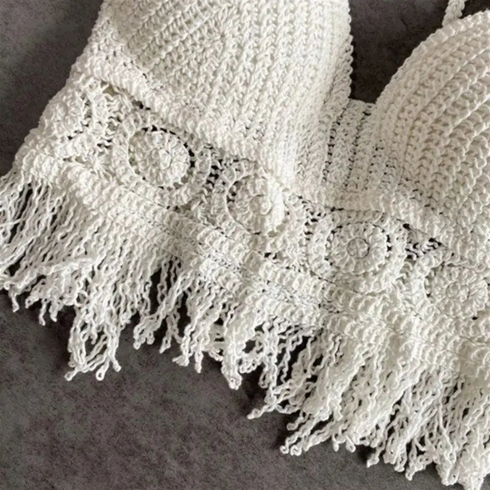 Women Summer Beach Boho Crop Tops Sexy Y2K Knitted Backless Hollow Out Tank Tops Crochet Tassels Hem Halter Bras Bustier Top