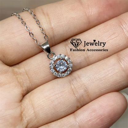 Women's Chain Necklace Round White Zirconia Pendant Fashion Jewelry Wedding Engagement Accessories Wholesale N001