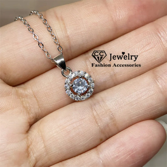 Women's Chain Necklace Round White Zirconia Pendant Fashion Jewelry Wedding Engagement Accessories Wholesale N001