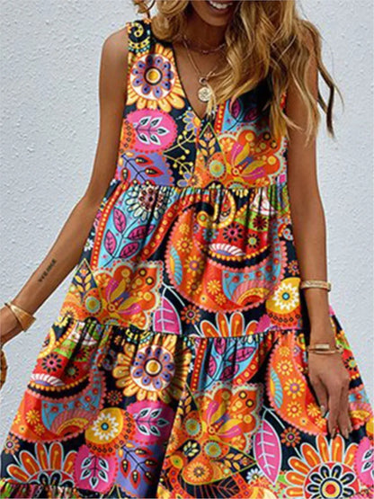 Fashion Floral Print Dress For Women Casual V Neck Sleeveless Loose Dresses Robe Femme Boho Holiday Womens Clothing Summer New