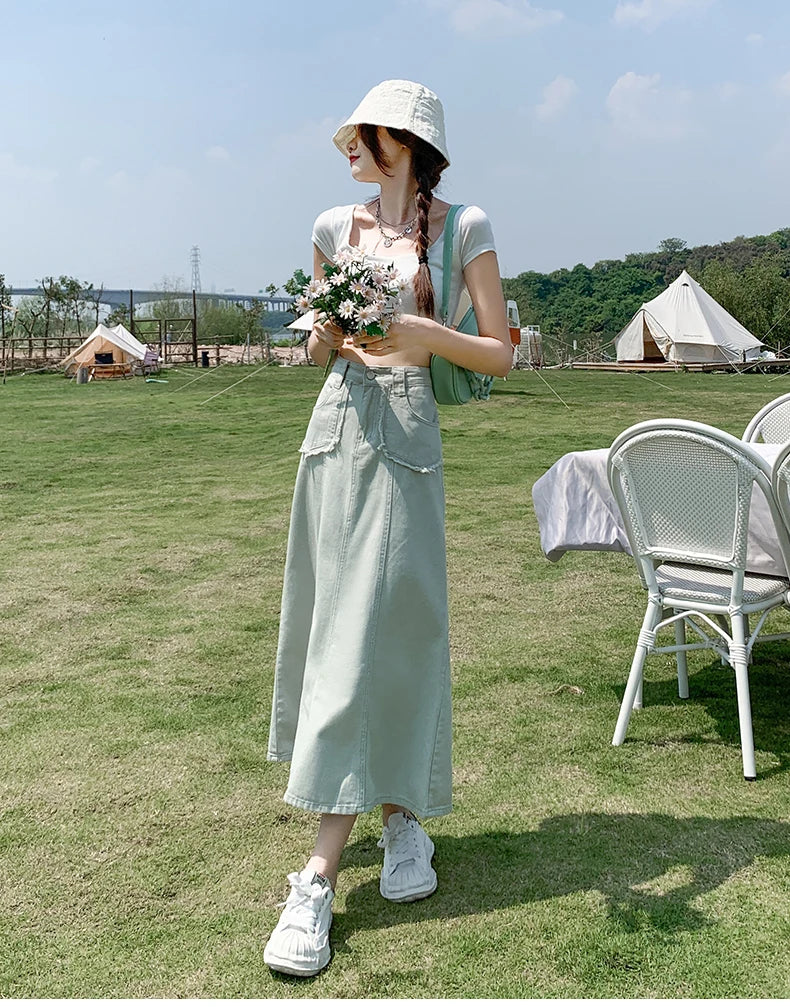 Apricot Denim Skirt Summer Women's 2024 New High Waist Slim Fashion Design Pocket Hip A-line Ankle-length Jean Skirt