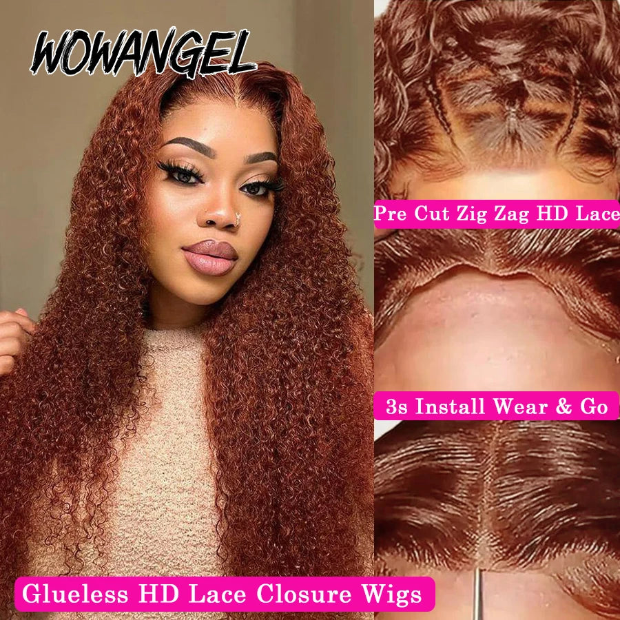 WOWANGEL Reddish Brown Pre Cut Glueless Wig Human Hair Ready To Wear 5x5 HD Lace Closure Water Wave Curly Wigs Wear To Go