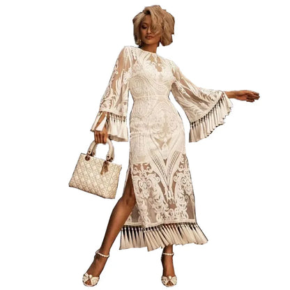 Elegant Long Dresses for Women Banquet Evening Dress Lace Embroidery Fringe Sexy Dress Vintage Wedding Party Prom Robe Vestidos