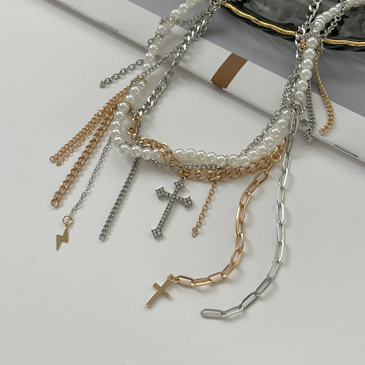 Necklaces for Women Heart-shaped Cross Imitation Pearl Tassel Long Necklace Colliers Femmes Girl Stuff