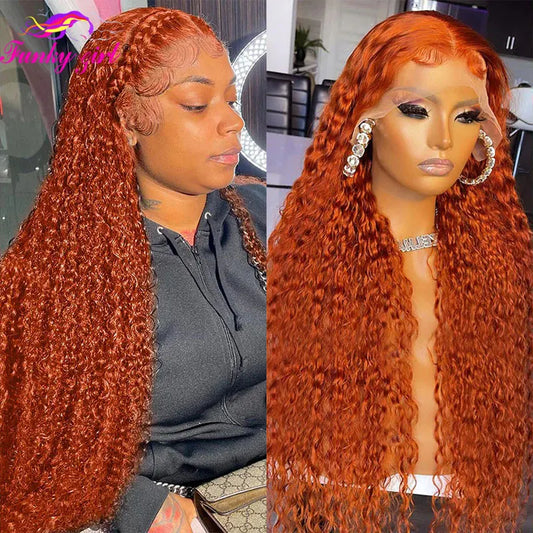 Ginger Water Wave Human Hair Wig 13x4 Lace Front Wigs For Women Brazilian Orange Color Deep Curly Wave Lace Front Human Hair Wig