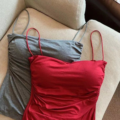 Sleeveless Tees Tank Tops For Women Camisole Vest Cropped Top Slim Fit Solid Color Spaghetti Strap Built In Bra Women Clothes
