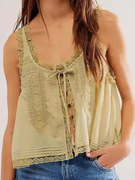 Women Sexy Crop Tops Sleeveless Boho Free Style Tank Tops Splice Lace Hippie Tops Button Down Summer Caimis Tee Top Female Cloth