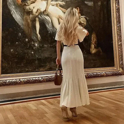 Elegant Knit Dress For Women White Slim O-neck Single Breasted Short Sleeve Long Dresses Female 2025 Spring Fashion Lady Robe