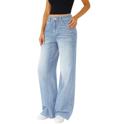 Jeans Women Straight Long Pants Casual Floor Length Mom Pant Blue High Waist Elegant Zipper Fly Pockets Slim Y2k Denim Trousers