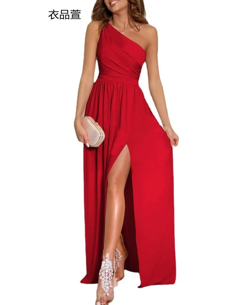 Women Elegant Luxury Dress Evening Party Prom Wedding Club Graduation Backless Sleeveless One Shoulder Maxi Dresses Sexy Vestido