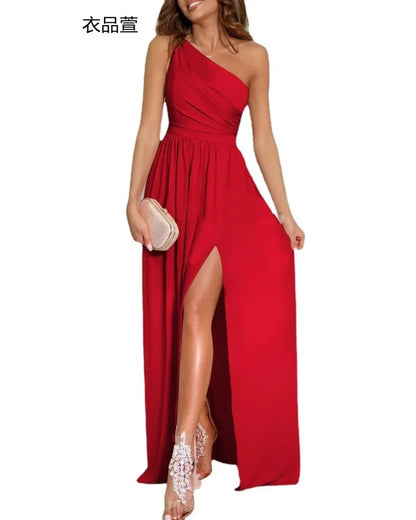 Women Elegant Luxury Dress Evening Party Prom Wedding Club Graduation Backless Sleeveless One Shoulder Maxi Dresses Sexy Vestido