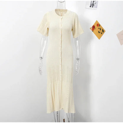 Elegant Knit Dress For Women White Slim O-neck Single Breasted Short Sleeve Long Dresses Female 2025 Spring Fashion Lady Robe