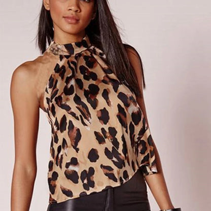 Women's Tops Sexy Leopard Print Summer Blouses And Tops Halter Neck Fashion Shirts Sleeveless T-Shirts Female Clothing