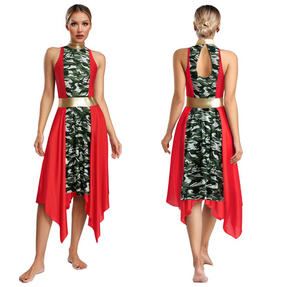 Women Modern Lyrical Dance Dress Church Choir Worship Praise Liturgical Costume Sleeveless Print Irregular Hem Gown Dancewear