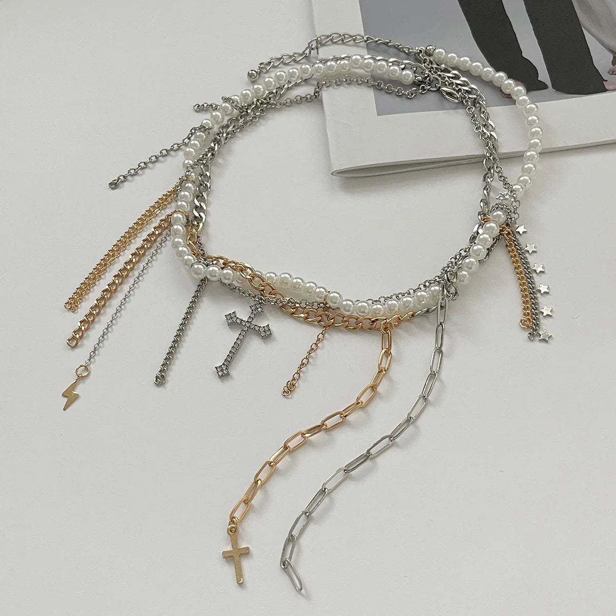 Necklaces for Women Heart-shaped Cross Imitation Pearl Tassel Long Necklace Colliers Femmes Girl Stuff