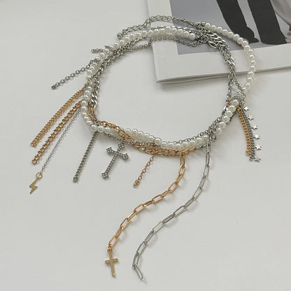 Necklaces for Women Heart-shaped Cross Imitation Pearl Tassel Long Necklace Colliers Femmes Girl Stuff