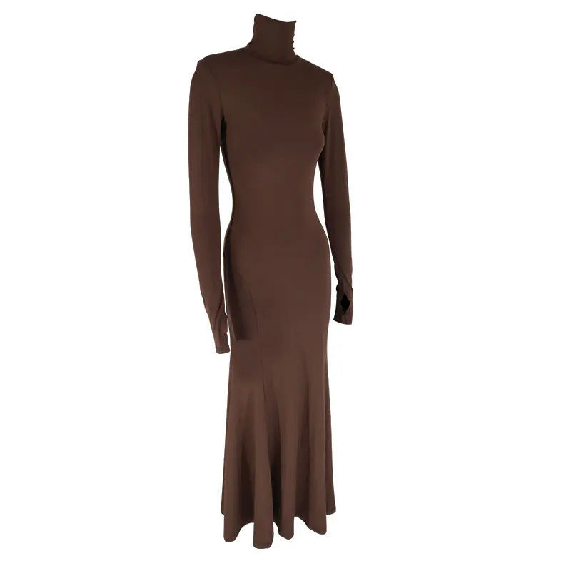 Women's Dresses Autumn Winter New Sexy Solid Backless Elegant Dress Streetwear Fashion Casual Slim Turtleneck Long Sleeves Dress
