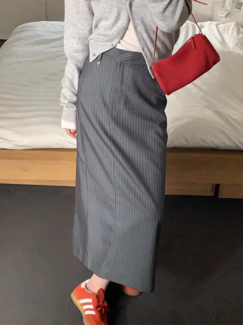 Chic High Waist Straight Leg Long Skirt Women's Spring Vintage ket Color Blo Striped f Body Skirts Faionable Slimming