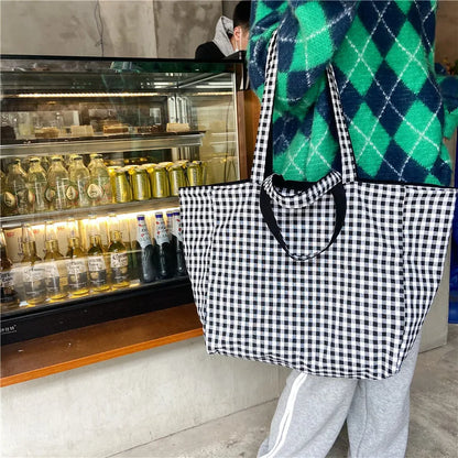 Women Canvas Shoulder Bags Plaid Double-side Large Capacity Handbags Female Shopping Portable Lazy All-match Foldable Tote Bag