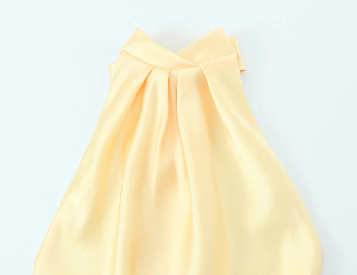 Women Elegant Satin Dress Fashion Lace Up Hanging Collar Long Dresses for Women Solid Sleeveless Midi Dress Lady Evening Dress