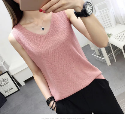 Top women Summer V Neck Hollow Knitted Vest Sleeveless Casual Tank Blusas Tops Sheer Mesh Patchwork T Shirt Bottom Camisole 2019