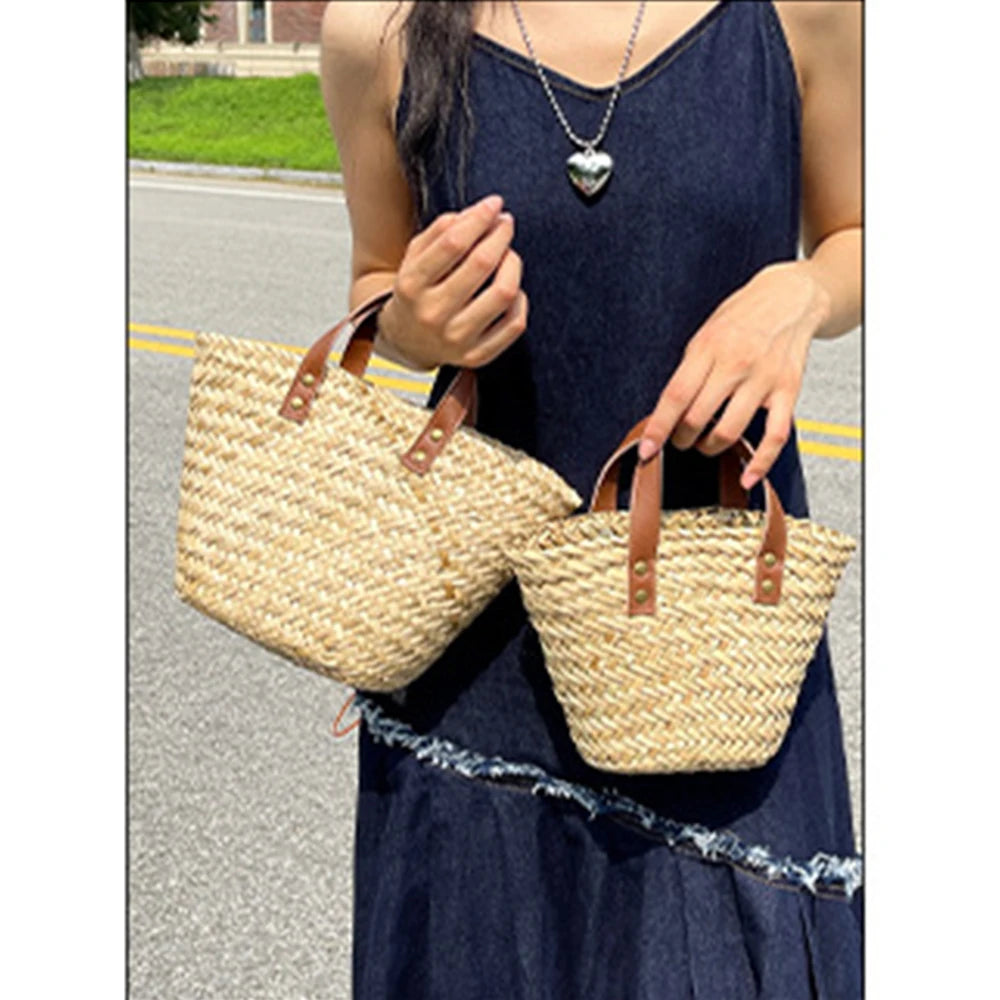Wicker Woven Basket Bags for Women Handbag Summer Straw Rattan Bag Vacation Travel Beach Bag Handmade Bucket Bags Shopper Tote
