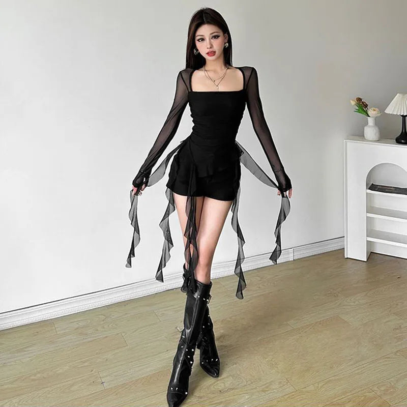 Sexy Women's Tops Fashion White Black Irregular Ribbon T-shirts for Women Long Sleeve Ruffles Slim Punk Tops Female Clothing Y2k