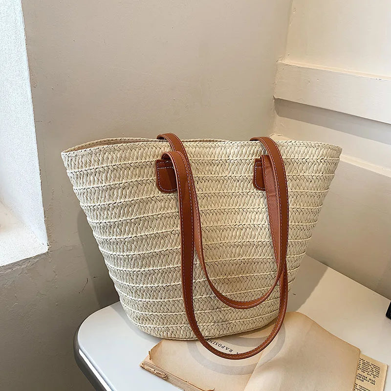 Women Braided Basket Clutches Top-handle Bag Large Straw Portable Shoulder Bag Summer Beach Party Purses Shopper Satchel Female