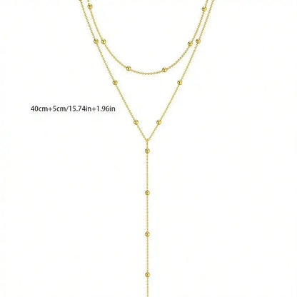 Layered Y-Shaped Necklace with Beaded Chain Detailing and Lariat Structure, Minimalist Two-Strand Design for Everyday Wear