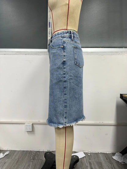 Fashion Midi Cotton Denim Skirt Women 2024 Casual Slim High Waist Asymmetrical Blue Jean Skirts Y2k Faldas Elegant