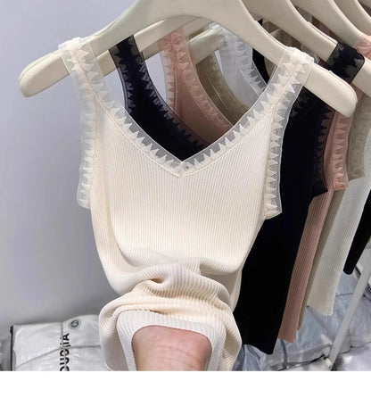 2025 Women Summer Fashion Thin Knitted Undershirt Sleeveless Corset Top Half High Neck Comfortable Breathable Lace Tank Top New