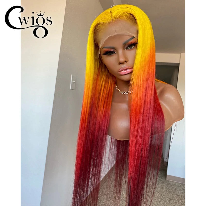 Body Wave Ombre Yellow Red Colored Glueless Transparent Synthetic 13X4 Lace Front Wigs For Women Preplucked Drag Queen Cosplay