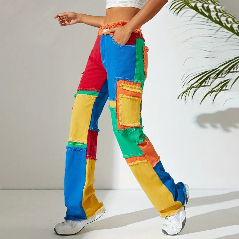 Women's Colorful Jeans Personality Street Pants Slim Fashion Color-blocked Street Corner Horn Jeans for Girls Stage Show Style