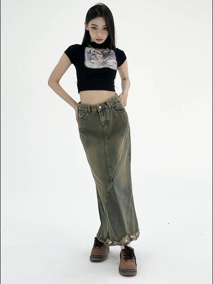 Women Denim Skirt Y2k Emo 2000s Clothes Long Skirt Harajuku Korean 90s Fashion Vintage Gradient A-line Jean Skirt Grunge Clothes