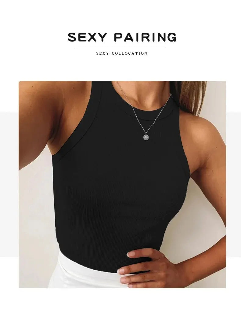 Women's Tank Top Crop Sexy Off Shoulder O Neck Solid Ribbed Knitted Casual Sport Vest Basic Elastic Camisole