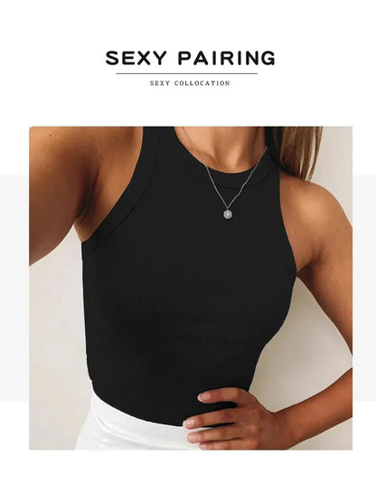 Women's Tank Top Crop Sexy Off Shoulder O Neck Solid Ribbed Knitted Casual Sport Vest Basic Elastic Camisole