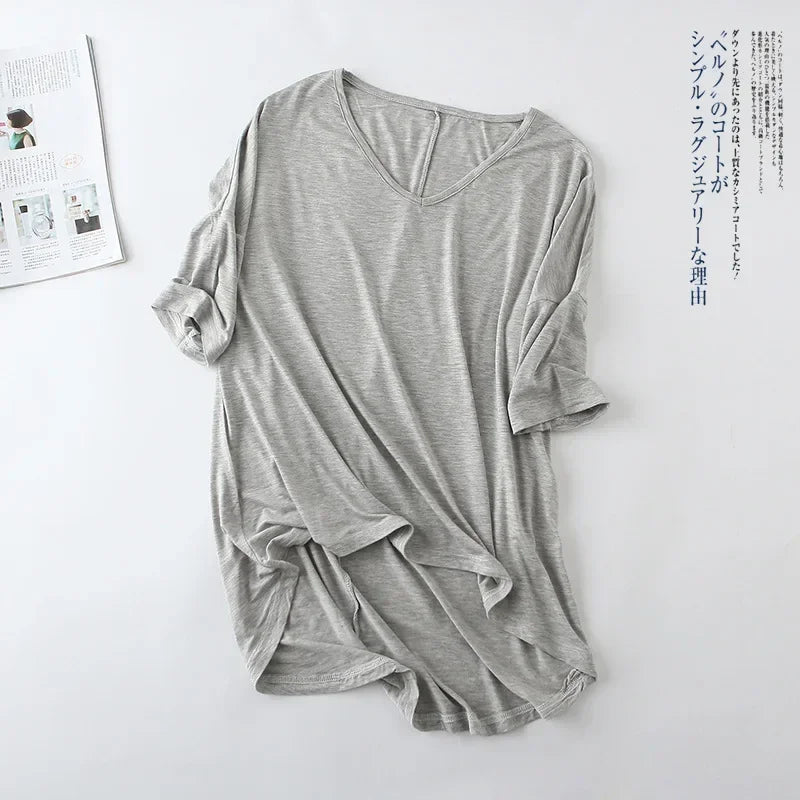 Fashion Tops Tees 2025 Summer T-shirt Women Half-Sleeve Solid Loose Shirt V-neck Oversize Basic Top Shirts for Women Casual