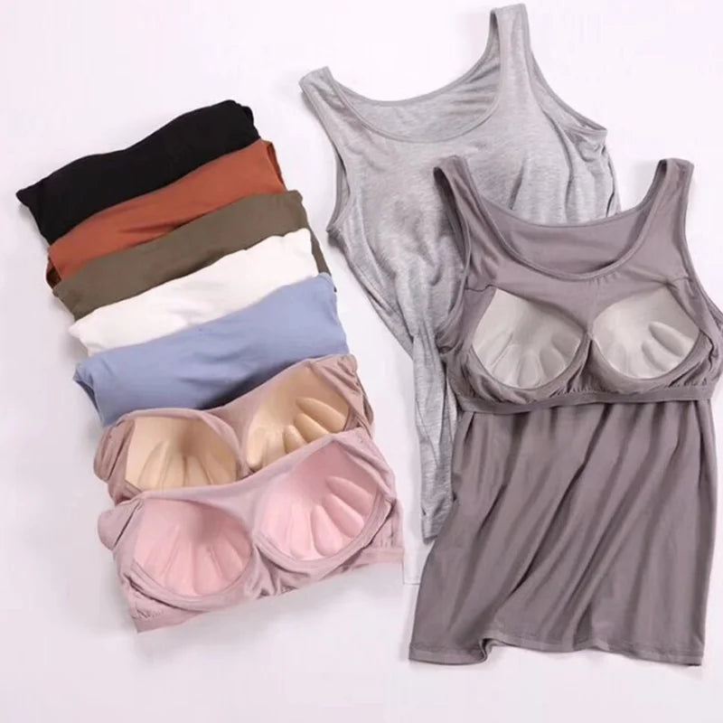 Women's Vest Tops With Built In Bra Neck Vest Padded Slim Fit Tank Tops Sexy Shirts Feminino Casual Underlay shirt slimming