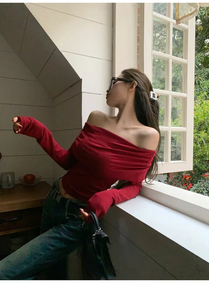 Women Sexy Tops Off Shoulder Long Sleeve Knitted T-shirt Solid Elegant Autumn Winter New Spicy Girl Slim Fit Short Red Crop Top