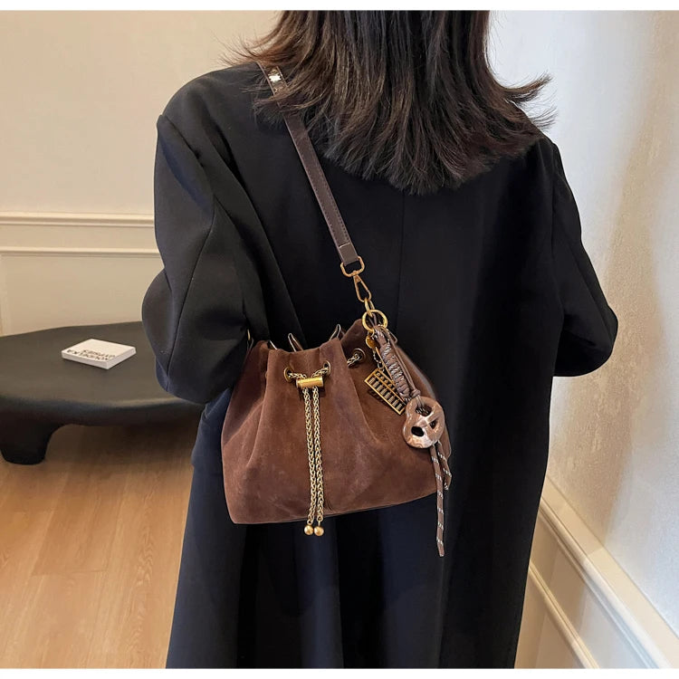 Women Vintage One Shoulder Bag Frosted Solid Drawstring Soft All-Match Bucket Bags High-Grade Versatile Commute Crossbody Packs