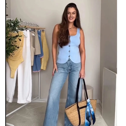 Women's 2025 New Summer Tops Chic Elastic Slim Elegant Holiday Women's Tops Summer Street Fashion Youth Tank Tops