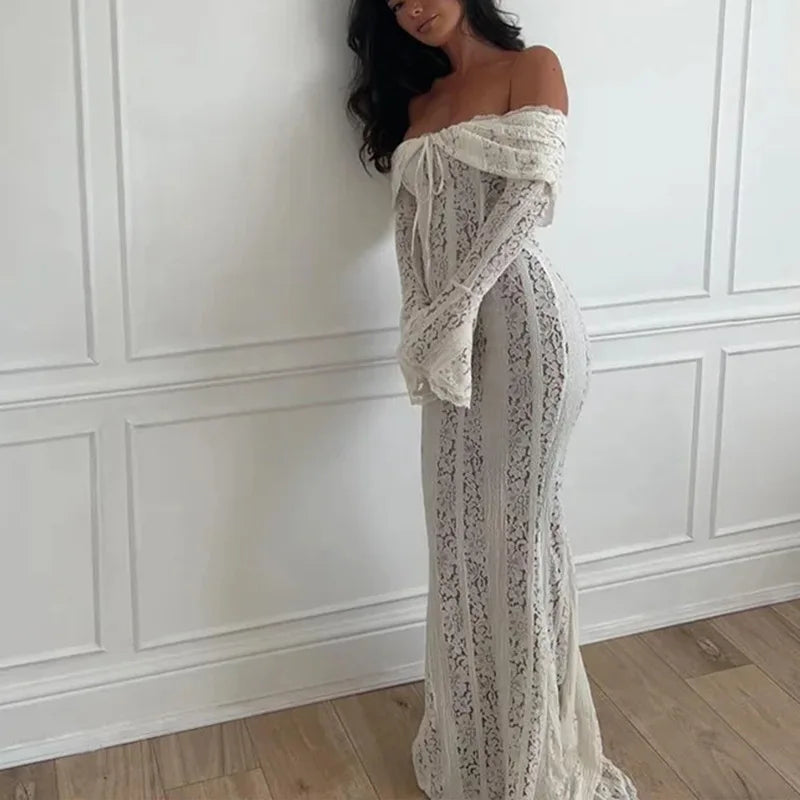 Women's Dresses New Sexy One-word Shoulder Lace Temperament Tube Top Long Dress Slim Fishtail Dress for Women