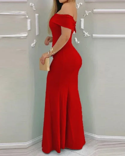 Women's Evening Dress 2025 Spring/summer Red short sleeve Ruffle Hem Bodycon Dress Wrap Hip High Waist Party Tight Maxi Dress
