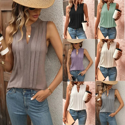 Women's Knitted Top Sleeveless T-shirt Summer New Fashion Style Elegant Pleated V-neck Tank Top Women's Top Tees Loewe Tank Top