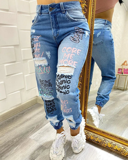 Jeans Women Fashion Stylish Monogrammed Slashed Marabou Chino Jeans Casual Length Trousers Plus Size Pants For Female 2025