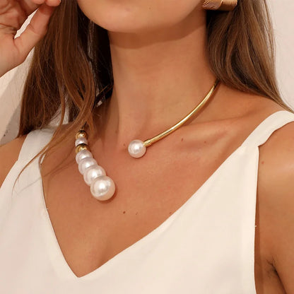 Exaggerated Pearl Necklace For Women Simple Versatile Golden Bead Opening Collar Exquisite Clavicle Korean Fashion Jewelry Gifts