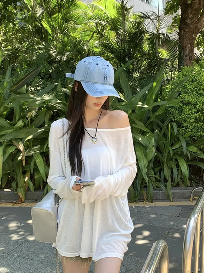 Women T-Shirts Casual Loose New Slightly Transparent O Neck Female Top Thin Sun Protection Tees Spring Summer 2025