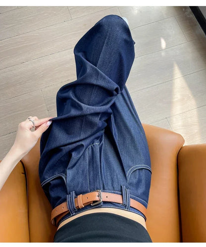 Women's Casual Basic Style Tencel Soft Ice Silk High Waisted Straight Jeans Female Commute Wide-Leg Light Blue Jeans