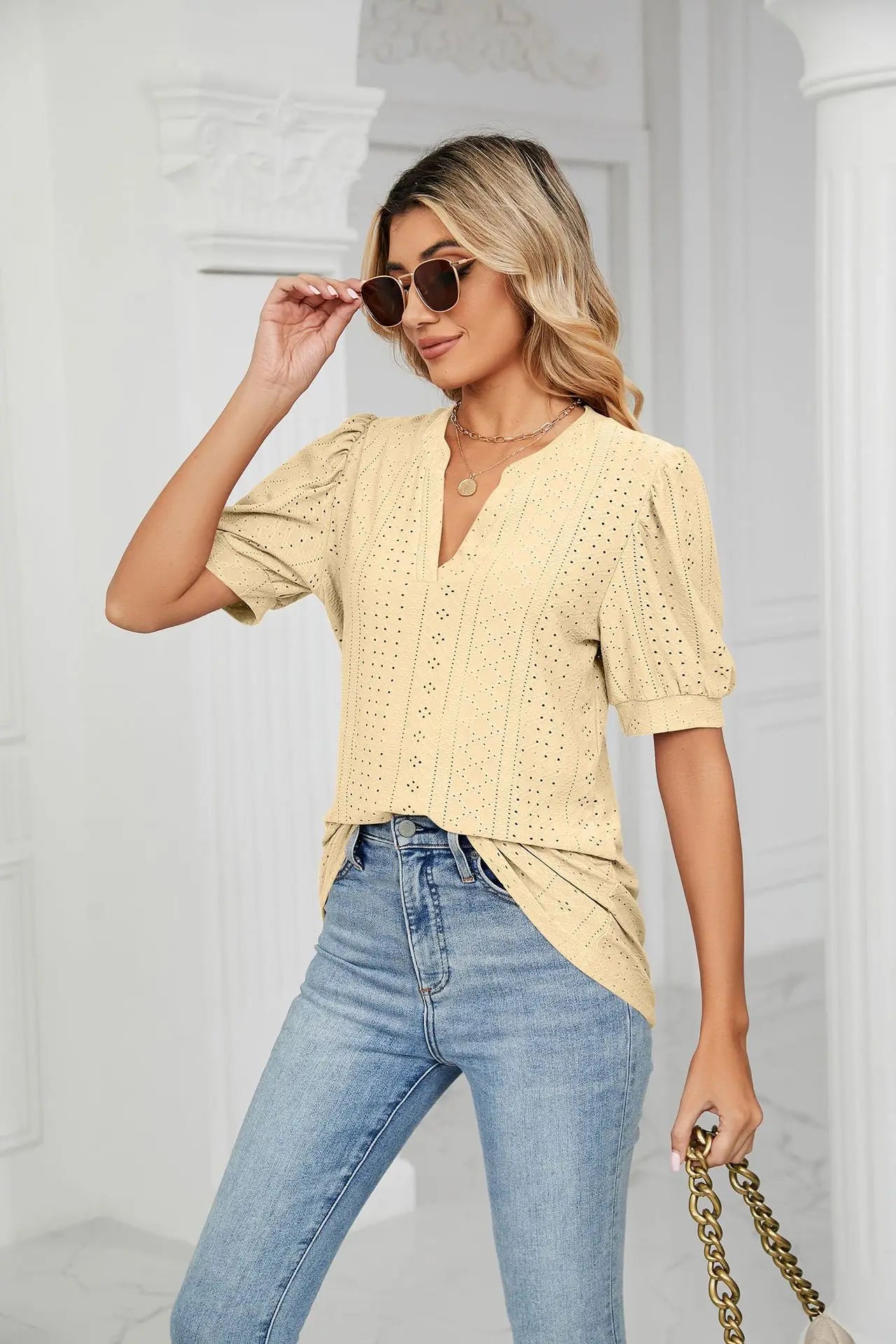 Womens Tops V Neck Ruffle Sleeve Blouses Short Sleeve Casual Tops T-Shirts for Women Autumn Winter